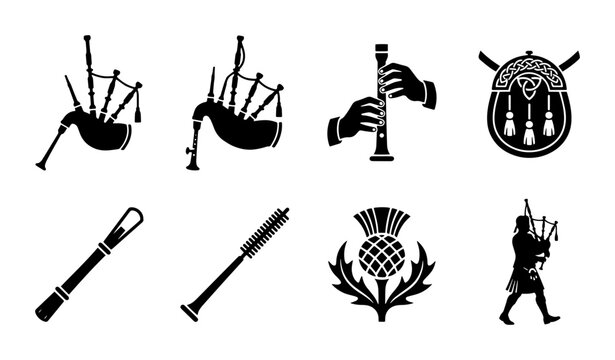 Scottish Bagpipe Icons Set, Highland Music Symbols, Traditional Folk Instruments Vector Graphics