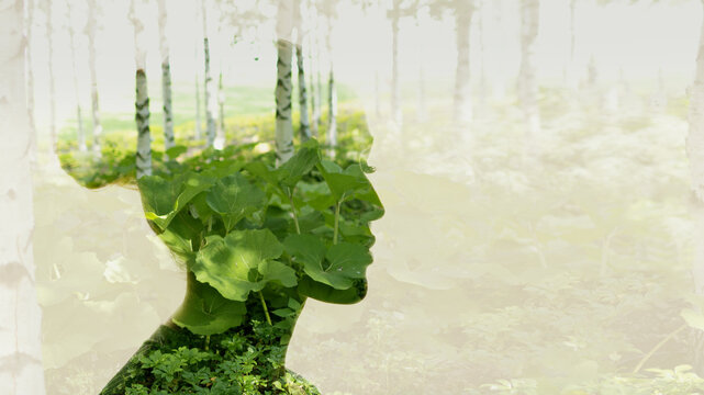 Silhouette portrait of a young woman with a forest and green plants leaf inside. Eco friendly and ecological digital detox concept.