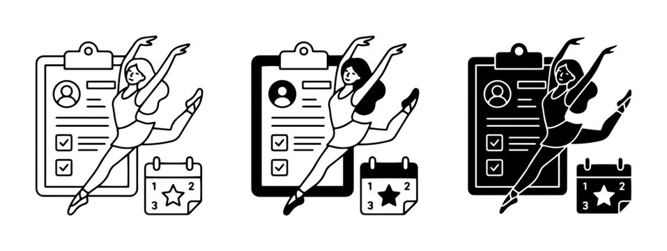 Ballet Dancer Resume, Calendar, and Checklist Icons: Performance Audition and Scheduling