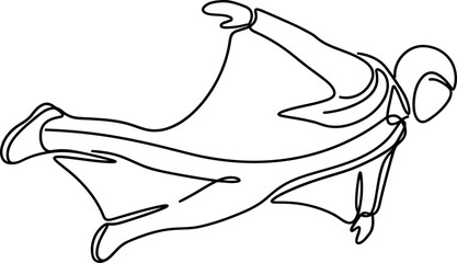 Continuous line drawing of a person flying in a wingsuit. © Dhea