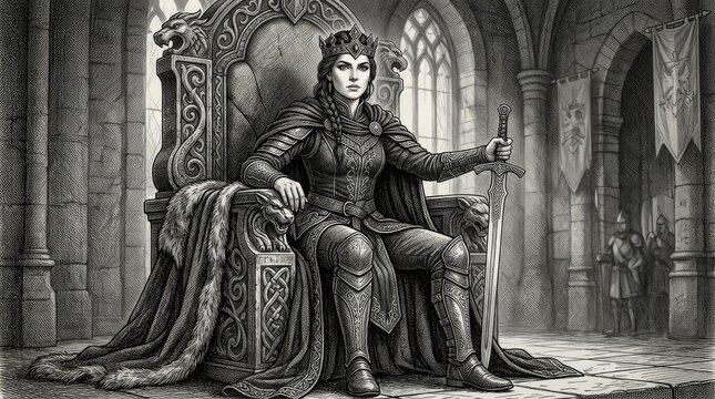 Queen sitting on a throne holding a sword illustration.