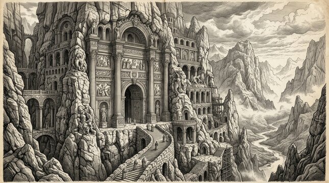 Ancient stone city carved into mountain cliffs sketch