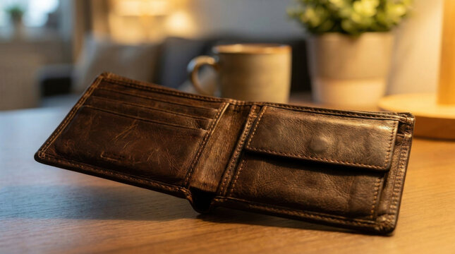 Empty wallet open leather wallet dark brown wallet empty billfold folded wallet worn leather tabletop still life soft blur