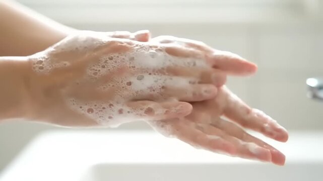 Close-up of hands being washed with soap and water.