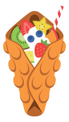 Fototapeta premium Flat illustration of a bubble waffle cone depicting fresh tropical fruit dessert with cream and straw for food and menu design