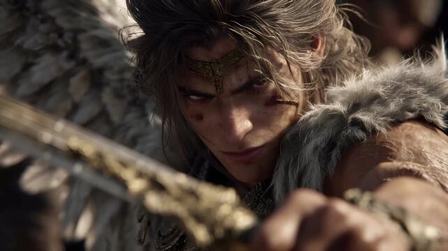 Fantasy, mysterious, wallpaper. A closeup of a warrior in a dynamic pose, wielding a long, golden sword. The warrior has intense, focused eyes and a golden headpiece. His hair is tousled.