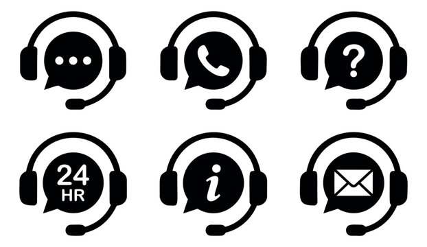 Silhouette icon set of customer support symbols featuring headset, chat, phone, email, info and 24hr service for business design