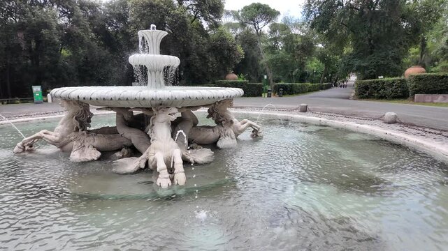 Cinematic View Of The Beautiful Seahorse Fountain In Villa Borghese Gardens Rome