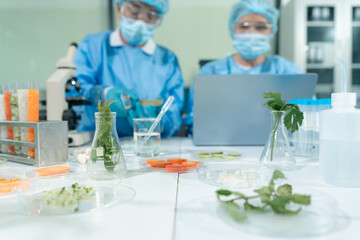 Fototapeta premium Microbiologists and nutrition experts analyze molecular samples in advanced food science labs, exploring innovations in nutrition, psychiatry, and health science research.