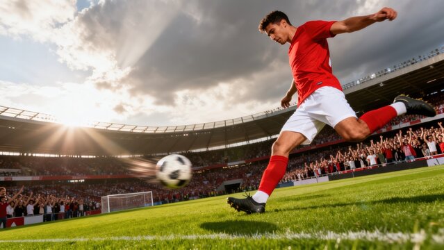 Soccer player kicking ball in stadium