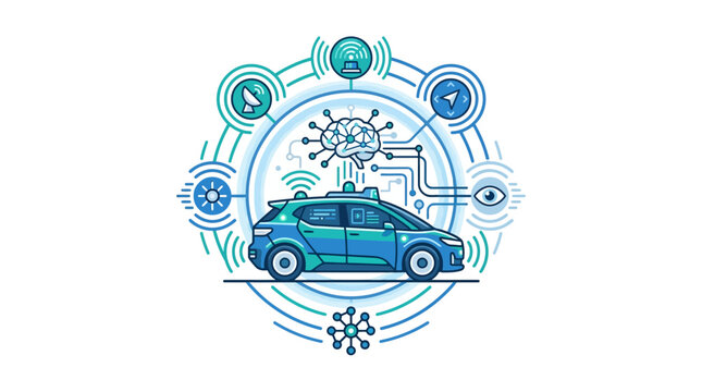 Connected car ecosystem icon showing smart mobility technologies.