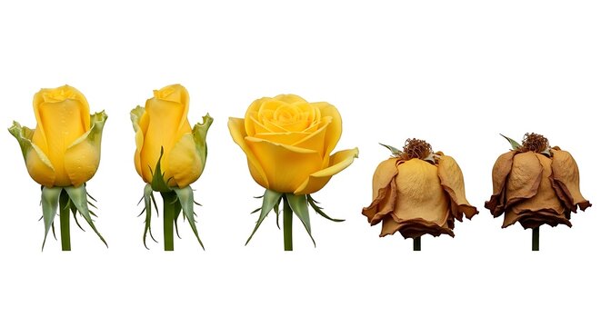 Yellow rose life cycle from bloom to decay isolated on white background