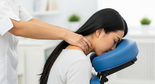 A therapist performing a neck stretch on a woman in a massage chair, demonstrating a specific technique for relieving tension