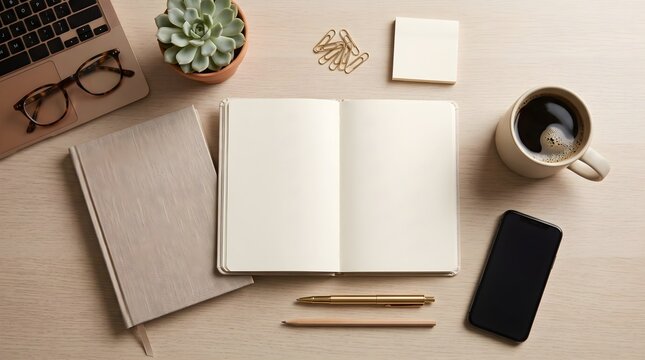Minimal workspace featuring open notebook, stationery and succulent plant on a neutral desk background.
