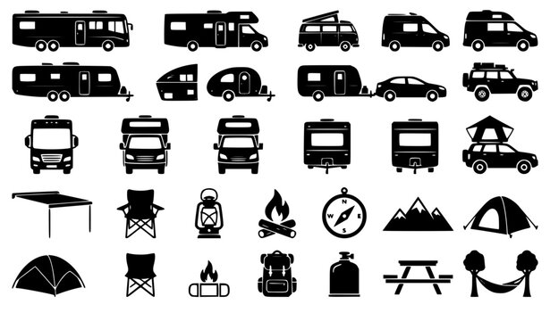 Recreational vehicle and outdoor camping icon set featuring black silhouettes of motorhomes camper vans travel trailers tents campfires and hiking equipment