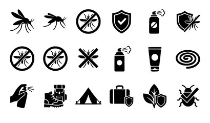 Black silhouette pest control and outdoor safety icons collection with stop mosquito signs spray aerosol lotion tent coil and tick bite prevention graphics © MdIbrahimIslam