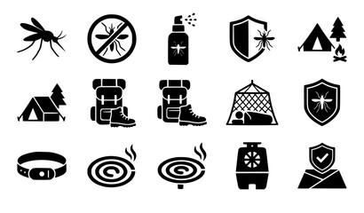 Mosquito repellent and outdoor camping protection icon set featuring anti insect coils spray bottles shields hiking gear and protective bed nets for pest control © MdIbrahimIslam