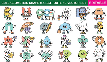 Fototapeta premium Cute geometric shape mascots outline vector set