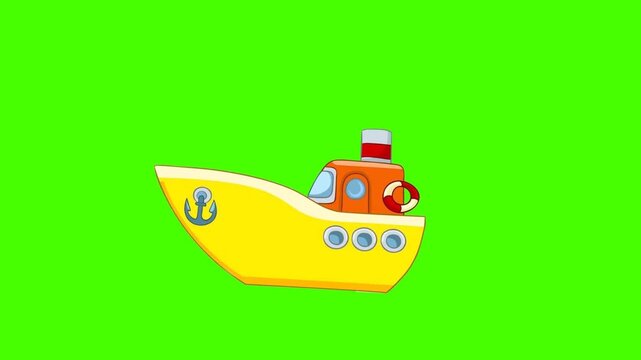 A high-quality 3D cartoon-style animation of a cute motorboat sailing. The boat is presented against a clean, solid green screen (chroma key) background, allowing for effortless removal and compositin
