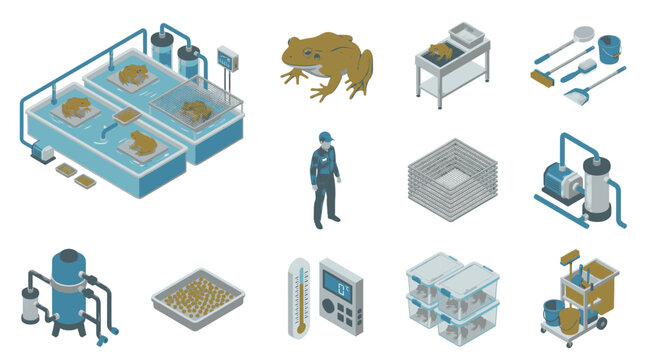 Isometric illustration of amphibian breeding and research laboratory equipment and elements.