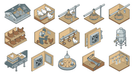 Isometric icons representing elements of a modern poultry farm, including chicken coops, feeding systems, and egg collection. © Sobo