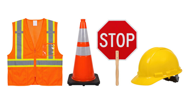 Industrial construction safety equipment with vest helmet and sign