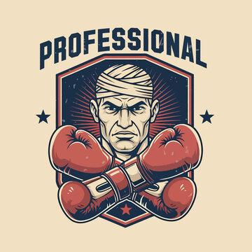 Vintage style professional boxing emblem with a fierce fighter wearing head bandages and crossed gloves.