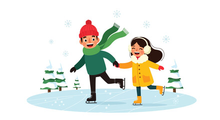 Fototapeta premium Two happy children, a boy and a girl, ice skating together on a snowy winter day with evergreen trees in the background.