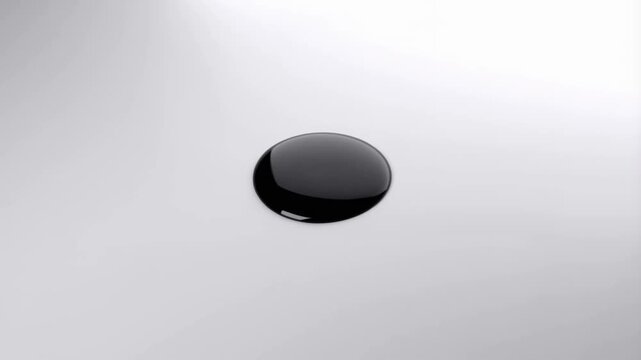 A single drop of viscous black liquid falls onto a clean white surface, slowly expanding and spreading into a smooth, circular puddle in this high-contrast macro sequence.