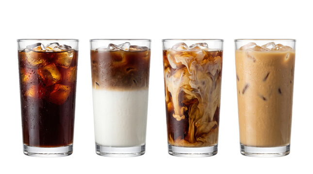 Various iced coffee drinks in tall glasses