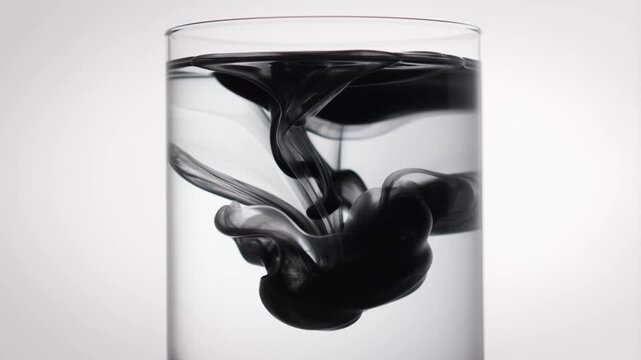 Black ink swirls and diffuses in clear water within a glass, creating abstract, cloud-like patterns against a bright white background. The fluid motion is mesmerizing and artistic.