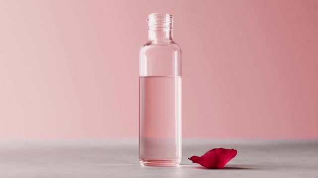 A minimalist scene features a tall glass bottle filled with rose-scented oil next to a single red petal on a sleek surface, set against a soft pink backdrop.
