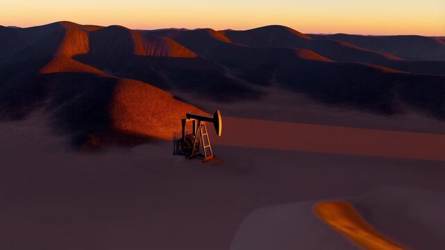 A pumpjack operates steadily in a vast desert landscape as the sun sets. The golden light transitions into deep orange and purple hues, casting long shadows across the rolling sand dunes.