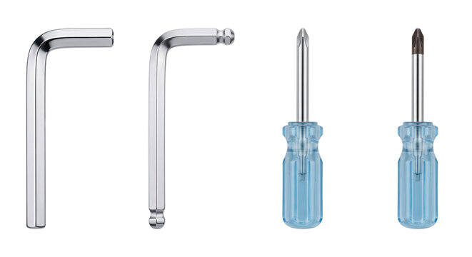 Metal allen keys and blue handle screwdrivers tools