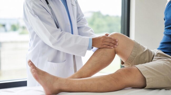Doctor examining patient knee joint in medical clinic office