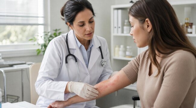 Doctor examining patient arm rash in clinic
