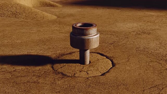 A metallic cylindrical probe slowly emerges from the cracked, reddish soil of a desolate Martian landscape, casting a shifting shadow across the barren terrain.