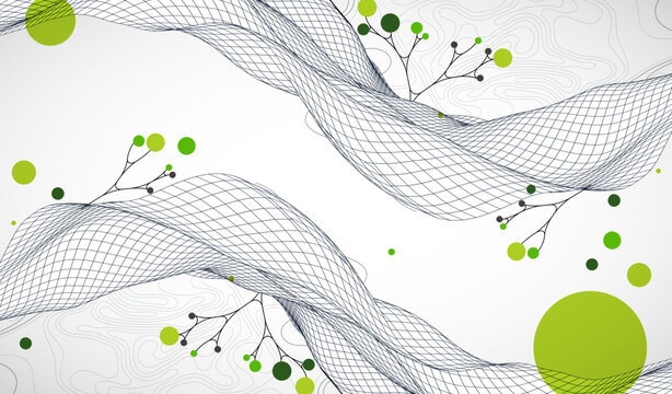 Abstract eco background with wave grid, green circles, and branching lines. Vector