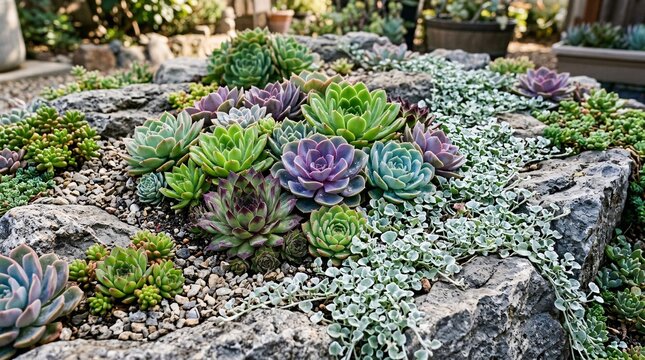 Beautiful succulent rock garden featuring plump green and purple rosette plants, creeping silver-leafed ground cover among grey stones.