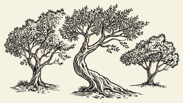 Hand drawn olive tree vector with intricate engraved textures, ideal for botanical themed designs.