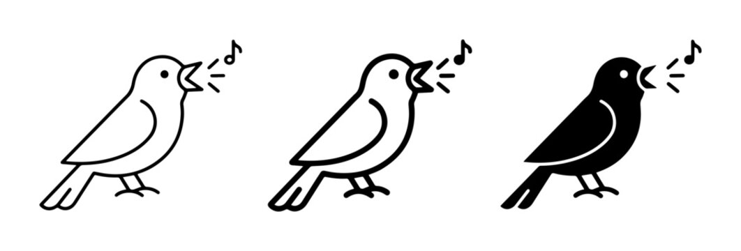 Singing Bird Icons, Outline and Silhouette, Music Notes Vector Art