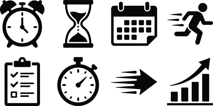 Set of time management, productivity, and business deadline icons featuring clocks, schedules, and growth progress charts