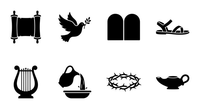Biblical Symbols Vector Icons: Scroll, Dove, Tablets, Sandal, Lyre, Pitcher, Crown, Lamp