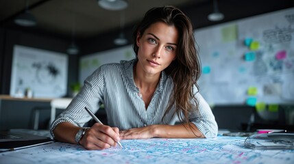 Fototapeta premium Woman architect working on building blueprint in modern office. Professional designer studying project construction drawing. Creative planner analyzing architectural development plan.