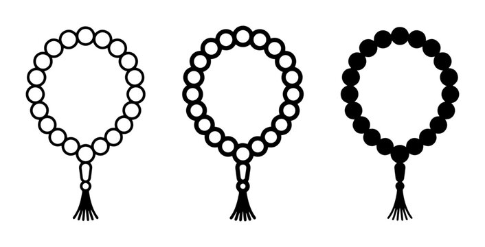 Islamic Prayer Beads, Tasbih, Misbaha Icons Set, White, Black, Gray Vector Graphics