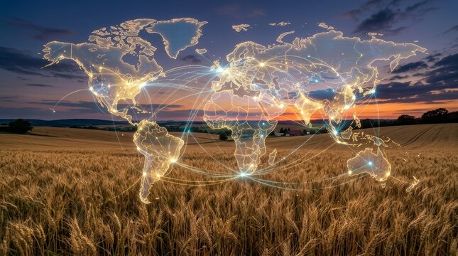 Glowing digital world map with network lines over landscape. Global communications and international business connection. Future of internet connectivity and data exchange in agriculture.
