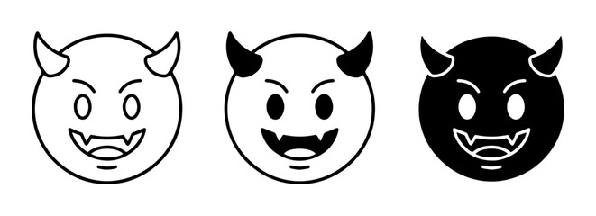 Obraz premium Devil Emoji Icons, Evil Grin Faces, Horned Characters, Black and White Vector Graphics