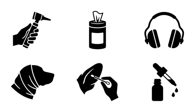 Ear Care Icons Set: Otoscope, Wipes, Headphones, Dog, Cotton Swab, Dropper
