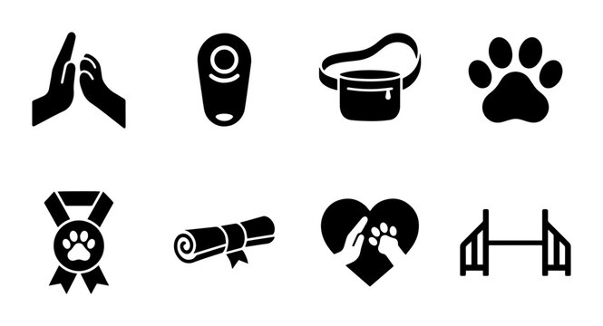 Dog Training Icons Set: Clicker, Treat Pouch, Agility, Paw Print Award, Diploma