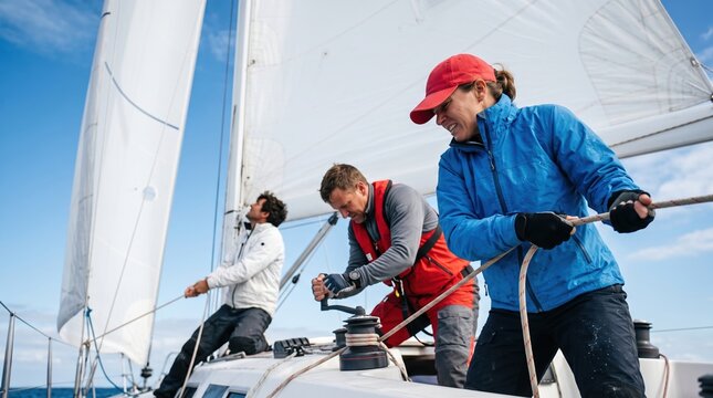 Three people sail a boat together in the ocean. They pull ropes to adjust the sails and enjoy the wind and sun. The water moves around them as they steer the boat forward